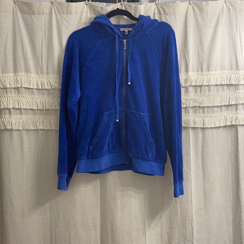 Juicy Couture zip-up hoodie sweatshirt,  royal blue velour color. Size Large
